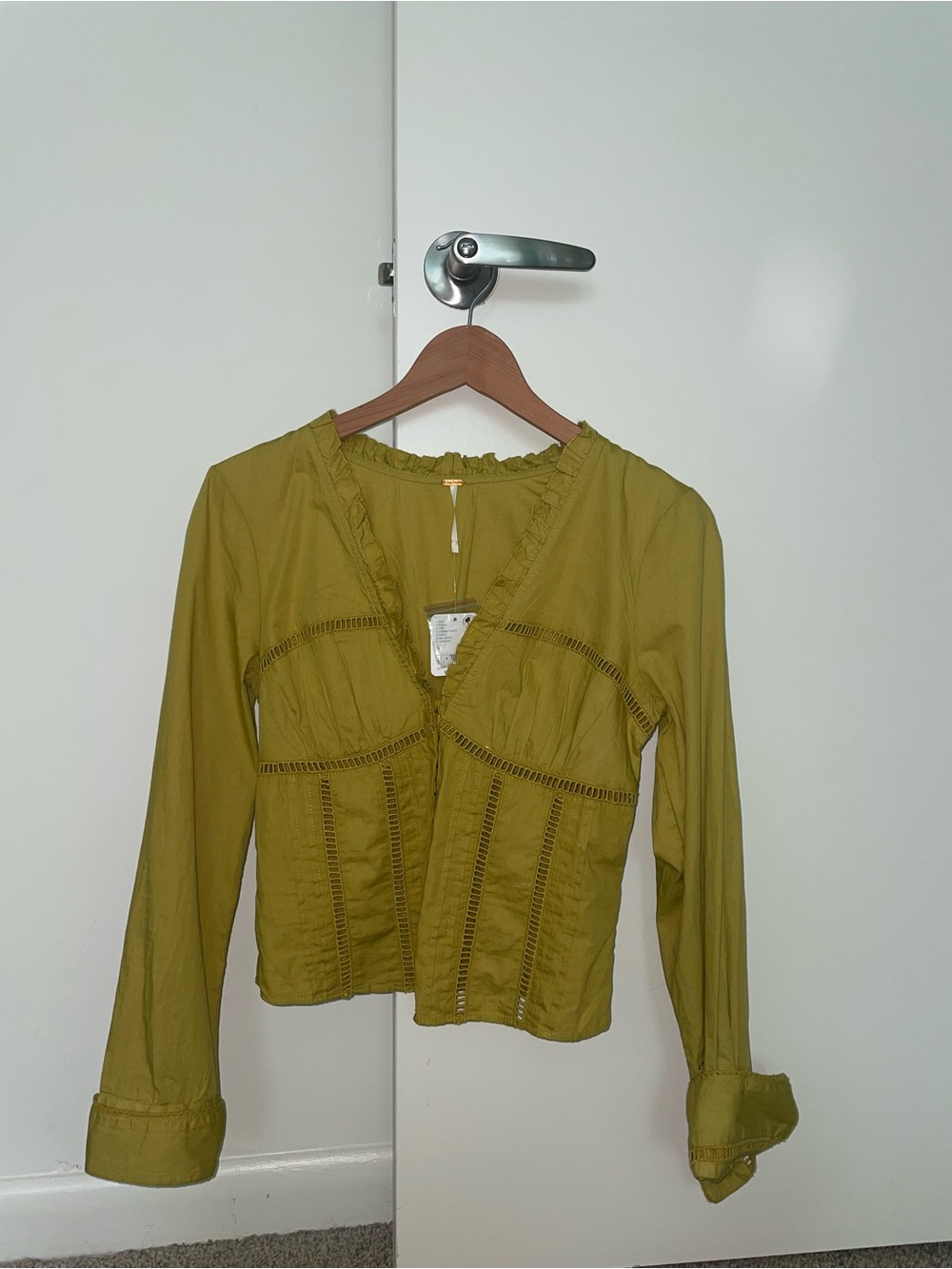 Free People Olive Green Lace-Trim V-Neck Blouse